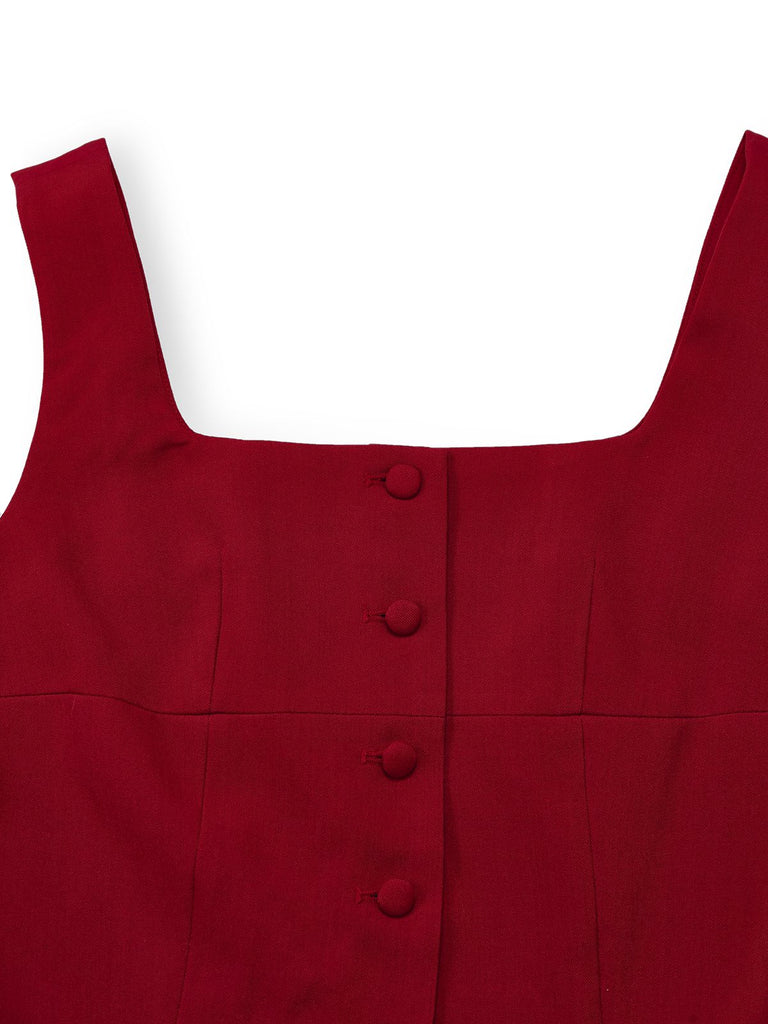 2PCS Red 1940s Square Neck Sleeveless Vest & Skirt