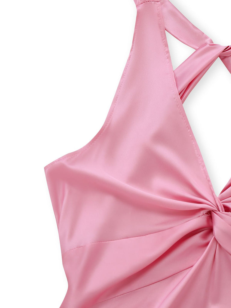 Pink 1930s Satin V-Neck Twist Midi Dress