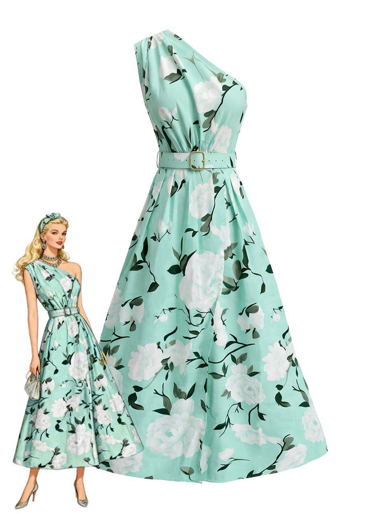 Ice Green 1950s Floral One-Shoulder Sleeveless Dress, vintage dress, retro fashion, rockabilly, pin-up fashion - perfect for women who love vintage and retro fashion