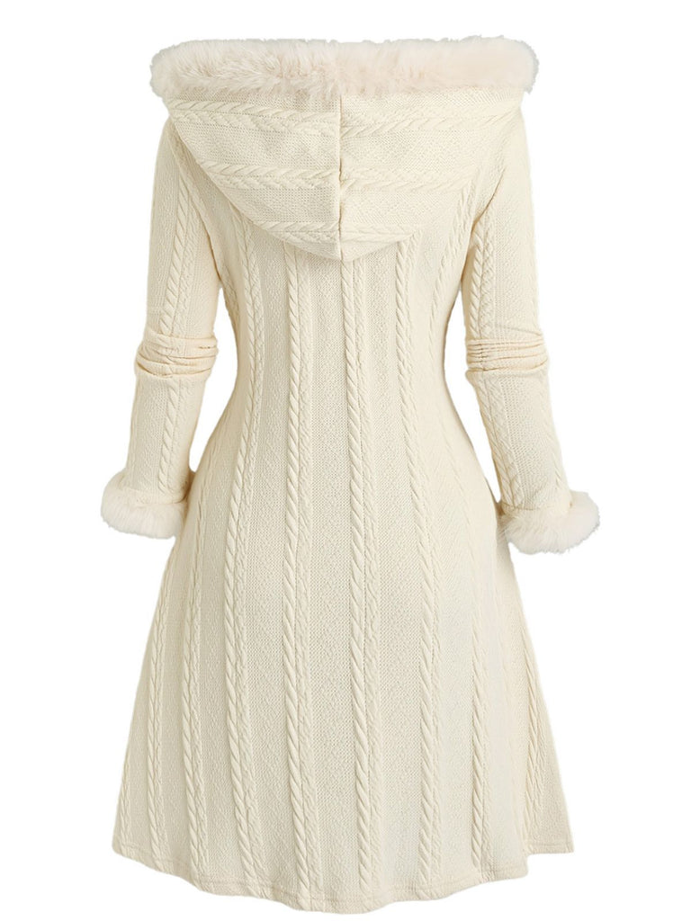 Ivory 1950s Knit Fur Trimmed Hooded Coat - vintage fashion, retro style