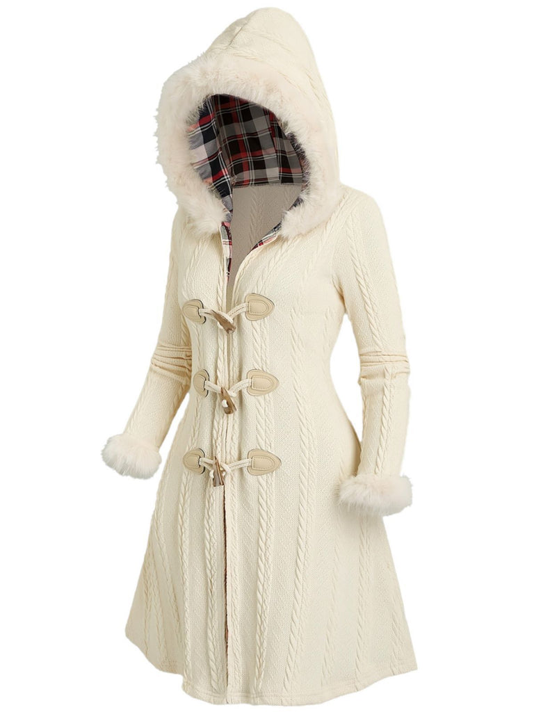 Ivory 1950s Knit Fur Trimmed Hooded Coat - vintage fashion, retro style
