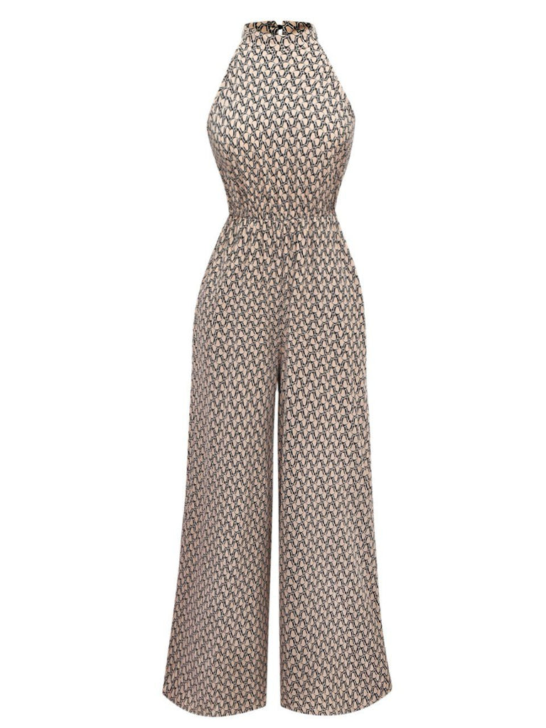 Beige 1930s Geometric Pattern Halter Sleeveless Jumpsuit - vintage jumpsuit, retro fashion