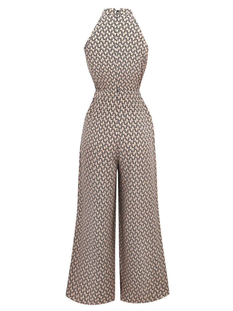 Beige 1930s Geometric Pattern Halter Sleeveless Jumpsuit - vintage jumpsuit, retro fashion