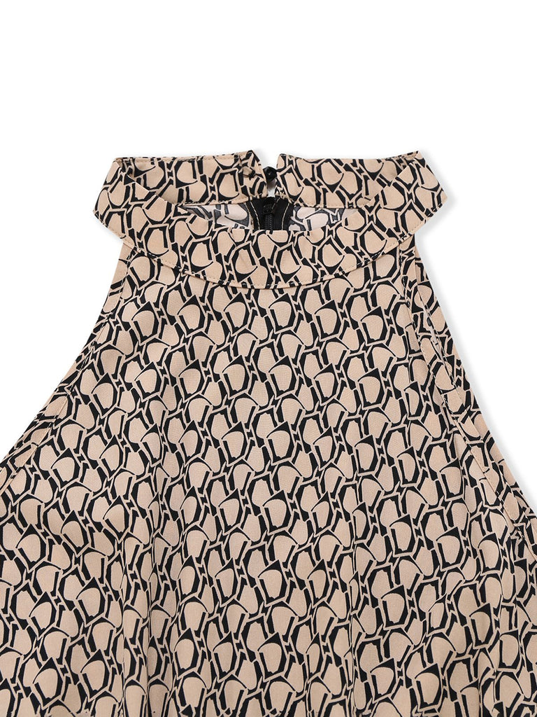 Beige 1930s Geometric Pattern Halter Sleeveless Jumpsuit - vintage jumpsuit, retro fashion