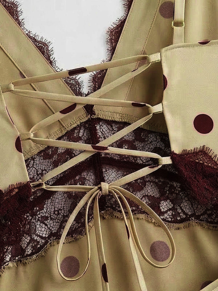 Dark Khaki 1930s Polka Dot Lace Halter Maxi Dress 4
