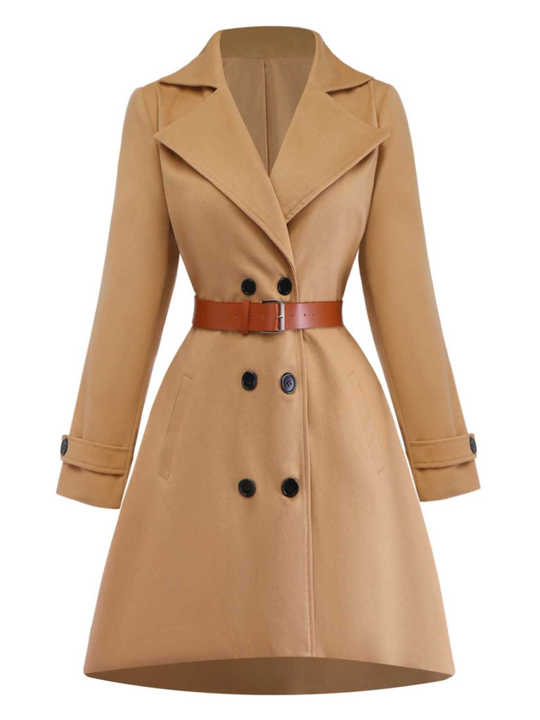 Khaki 1940s Lapel Double-Breasted Belted Coat - vintage fashion, retro style