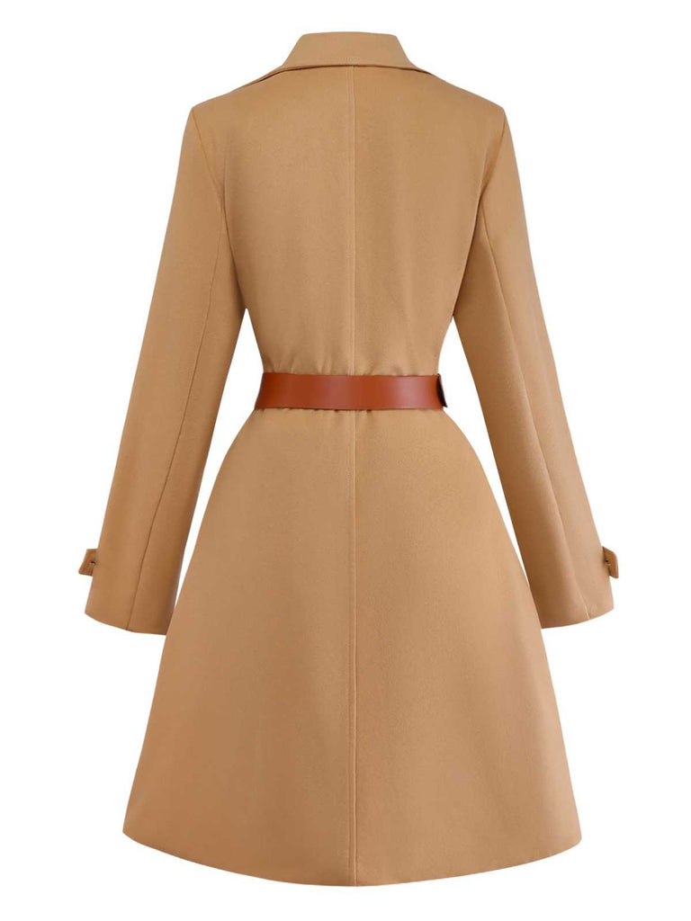 Khaki 1940s Lapel Double-Breasted Belted Coat - vintage fashion, retro style