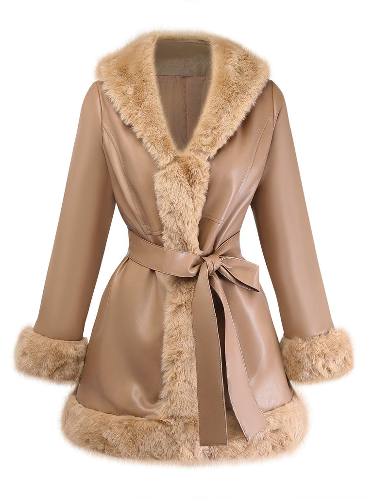 Khaki 1940s PU Leather Faux Fur Collar Belted Coat - vintage fashion, retro style