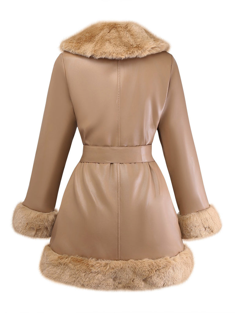 Khaki 1940s PU Leather Faux Fur Collar Belted Coat - vintage fashion, retro style