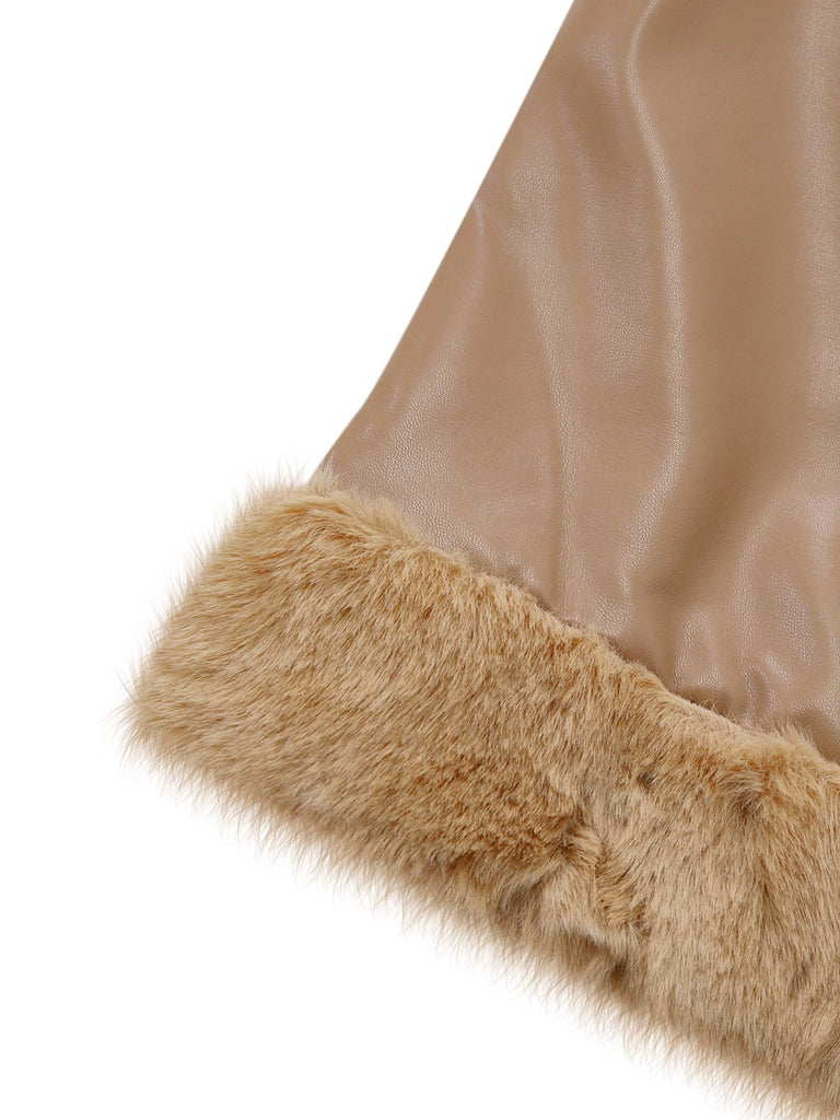 Khaki 1940s PU Leather Faux Fur Collar Belted Coat - vintage fashion, retro style