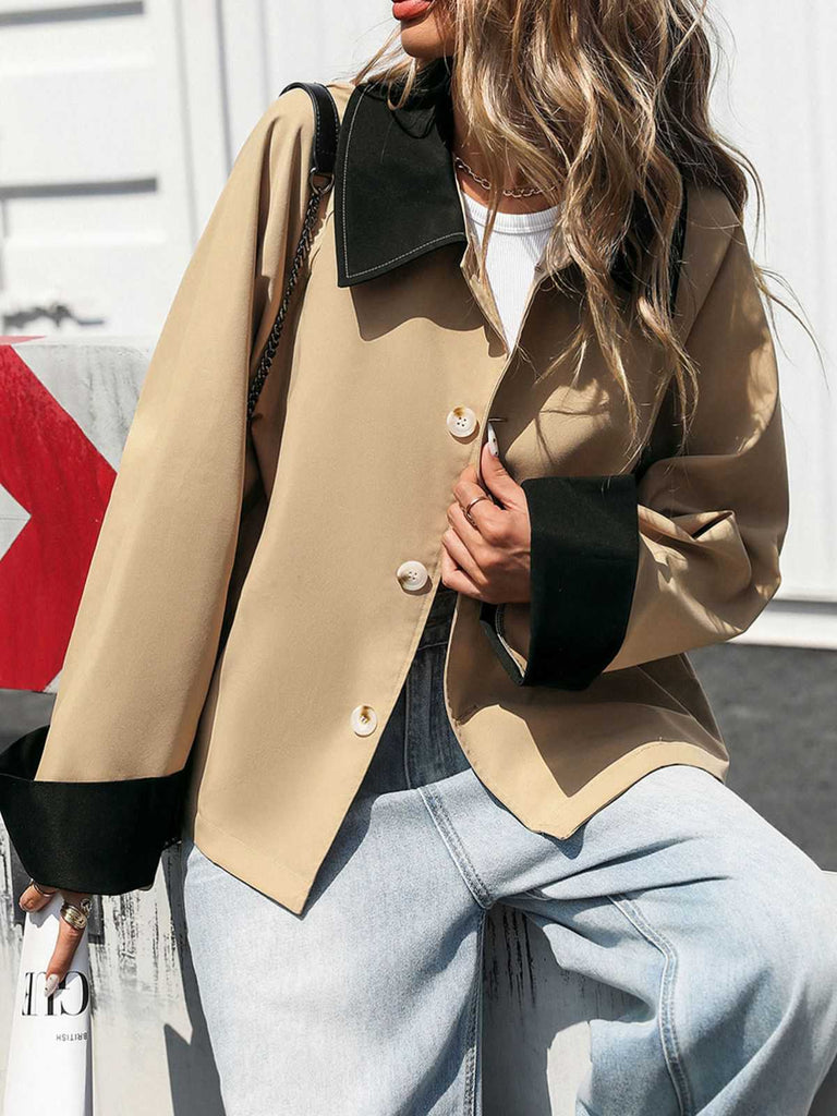 Khaki 1950s Contrast Rolled Cuff Lapel Jacket - vintage fashion, retro style