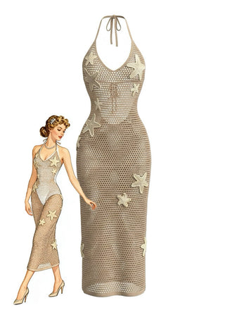 Khaki 1950s Knit Starfish V-Neck Halter Cover Up Dress, vintage dress, retro fashion, rockabilly, pin-up fashion - perfect for women who love vintage and retro fashion