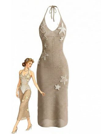 Khaki 1950s Knit Starfish V-Neck Halter Cover Up Dress, vintage dress, retro fashion, rockabilly, pin-up fashion - perfect for women who love vintage and retro fashion