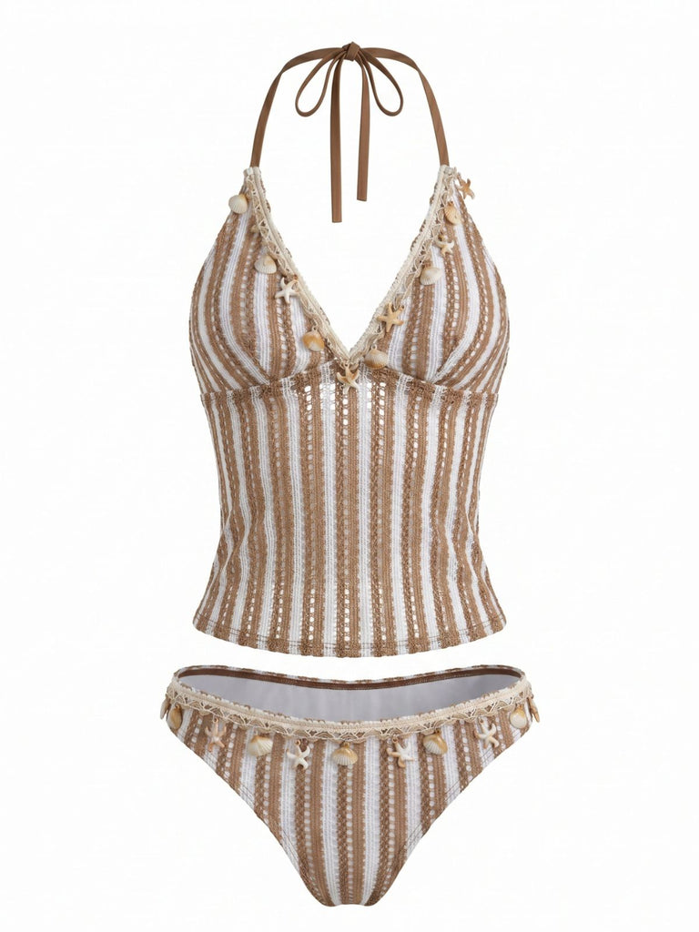 Khaki 1950s Striped Crochet 3D Seashell & Starfish Tankini Set - vintage fashion, retro style for vintage lovers