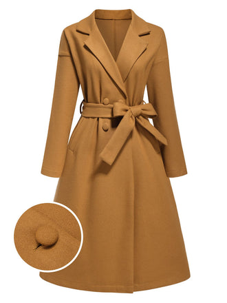 Khaki 1960s Turn-Up Collar Solid Belted Coat, vintage coat, retro outerwear - perfect for women who love vintage and retro fashion