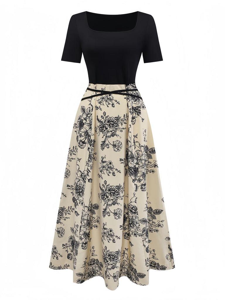 Khaki 1970s Knitted Square Neck Floral Dress - vintage dress, retro fashion