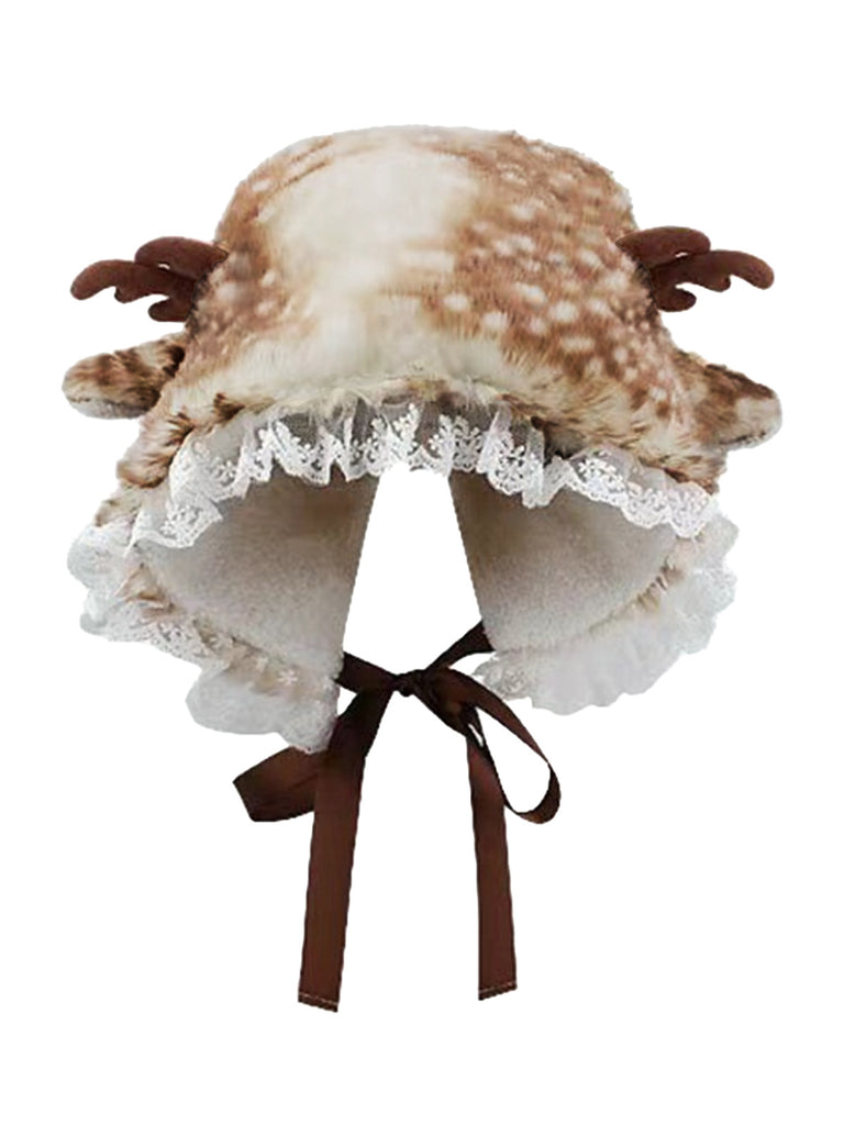 Khaki Vintage Deer Style Lace Faux Fur Hat - vintage fashion, retro style