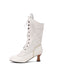 This Lace Patchwork Lace-Up Calf-High Boots whispers vintage secrets to those who notice