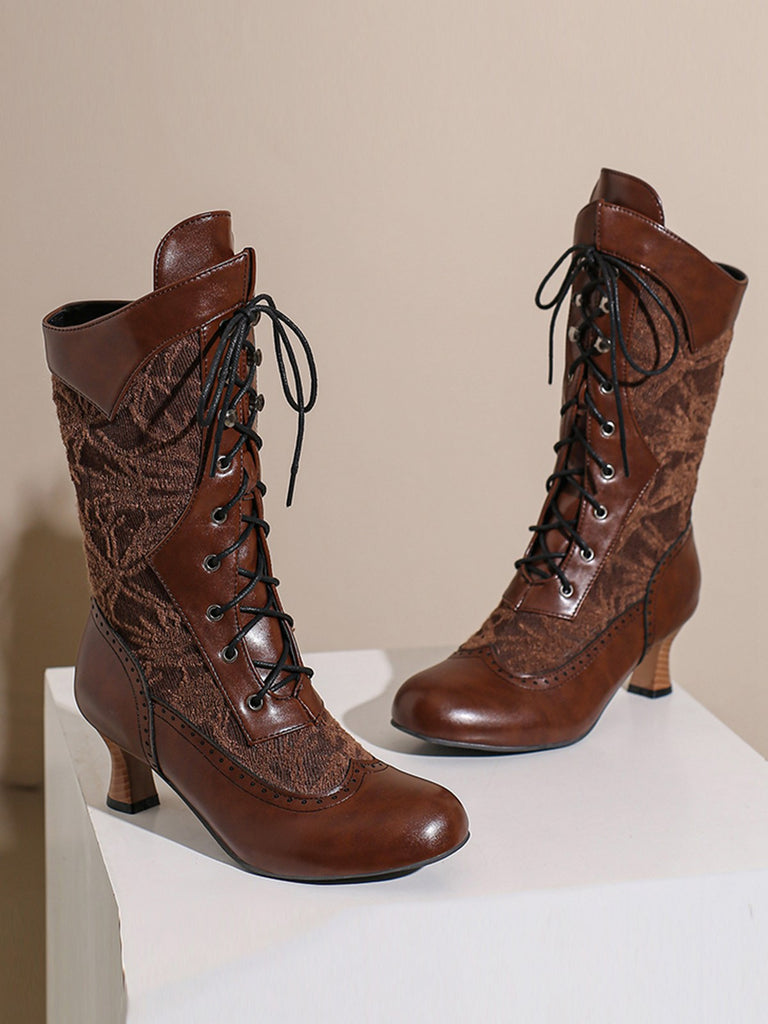 Lace Patchwork Lace-Up Calf-High Boots — vintage style that transcends decades