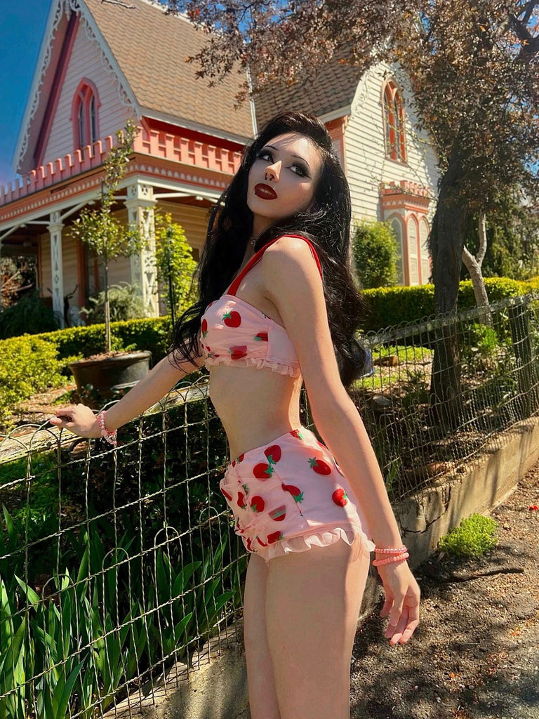 This Lace Strawberry Cami Tankini Set carries vintage vacation dreams in every stitch