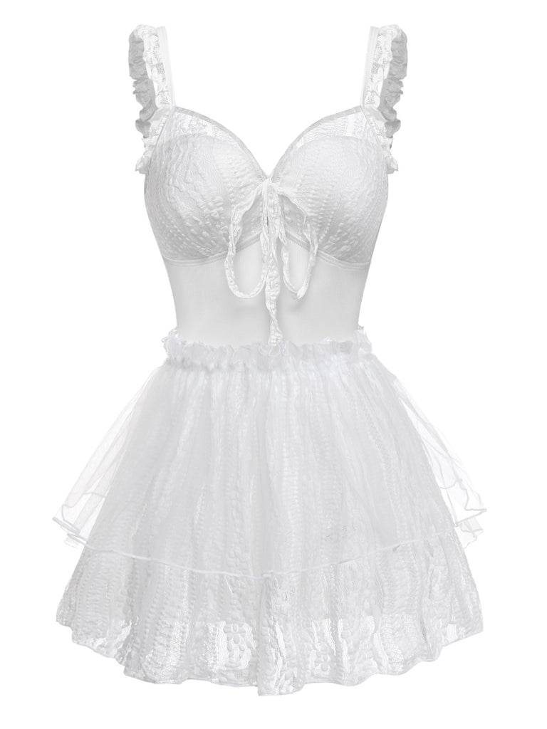 [Pre-Sale] 2PCS White 1950s Lace Ruffled Bow Swimsuit & Cover-Up