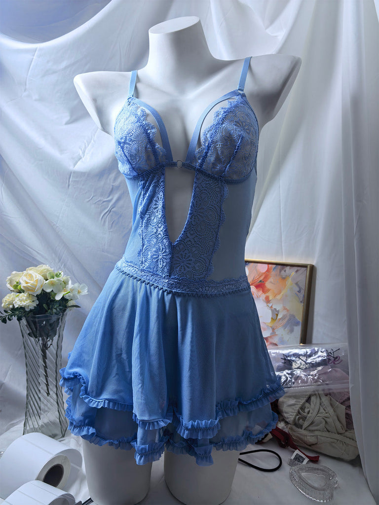 Lake Blue 1980s Floral Spaghetti Strap Lace Nightgown 4