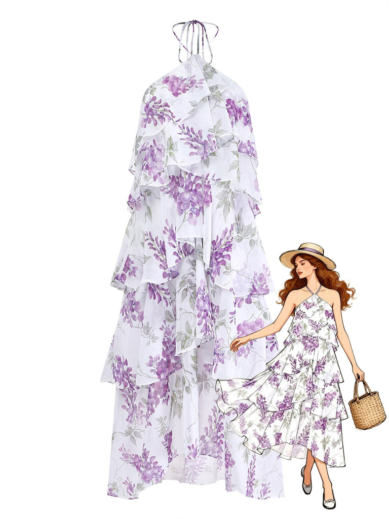 Lavender-1930s-Floral-Halter-Tiered-Ruffled-Dress, vintage, retro, dress