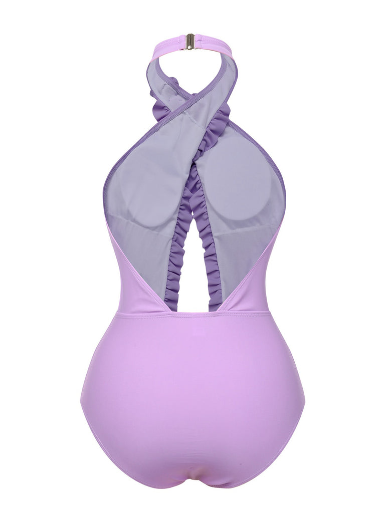 Lavender 1940s 3D Flowers Halter One-Piece Swimsuit, vintage swimsuit, pin-up swimwear - perfect for women who love vintage and retro fashion