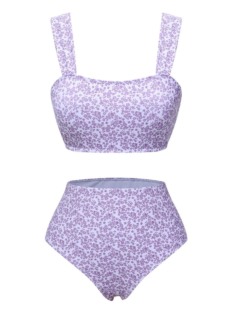 Lavender 1950s Floral Wide Strap Swimsuit, vintage swimsuit, pin-up swimwear - perfect for women who love vintage and retro fashion