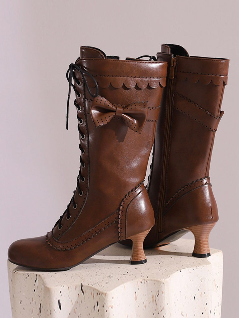 Leather Bow Lace-Up Calf High Boots — vintage vintage charm for her modern wardrobe