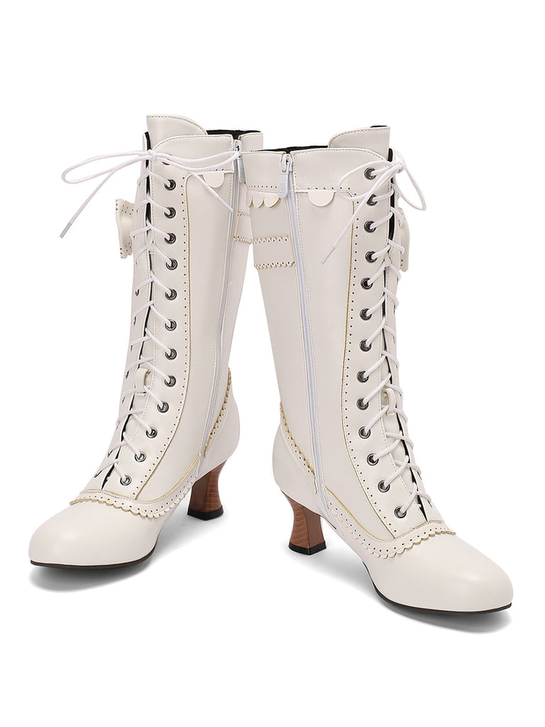 Leather Bow Lace-Up Calf High Boots — vintage style that transcends decades