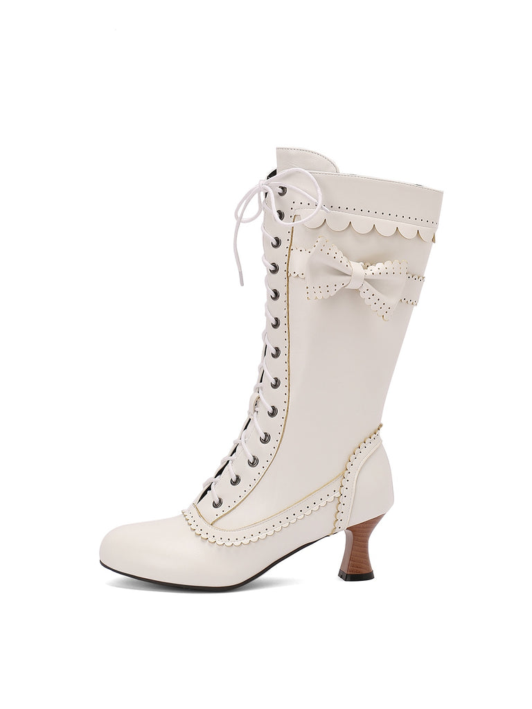 She finds her vintage story in this Leather Bow Lace-Up Calf High Boots