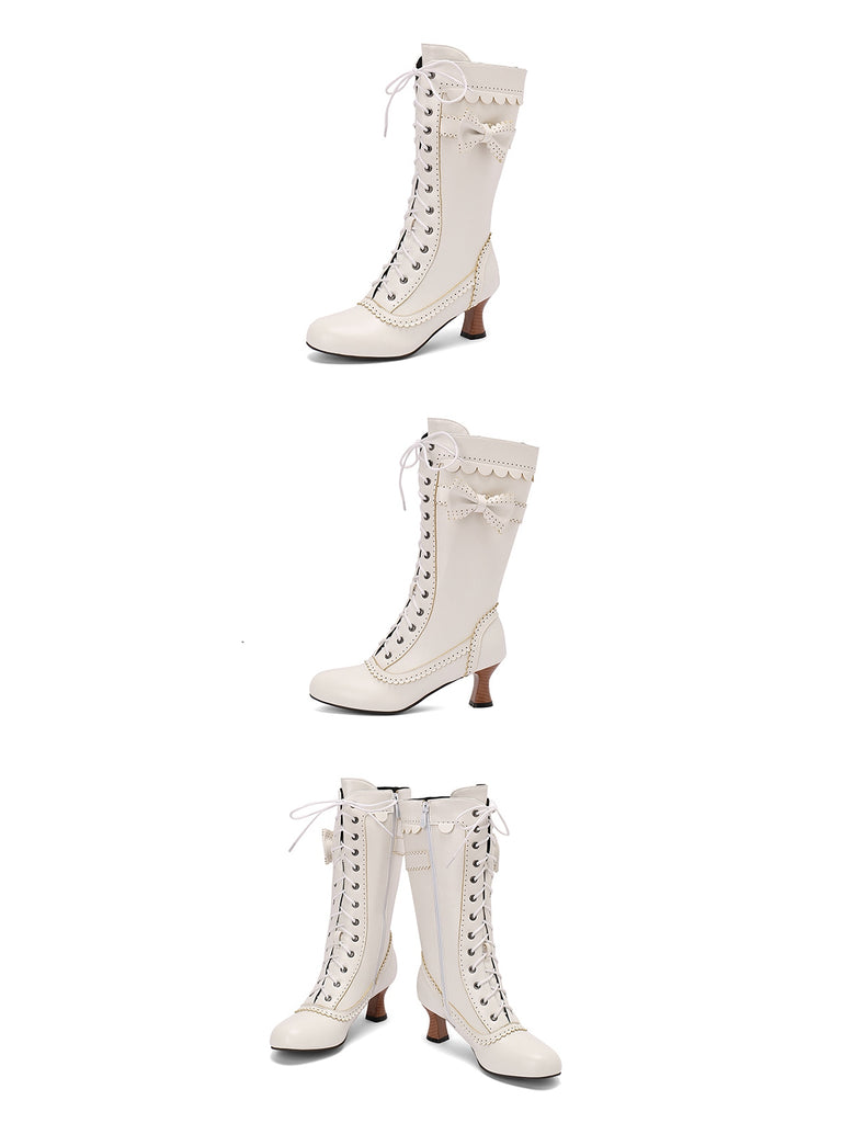 Leather Bow Lace-Up Calf High Boots: timeless vintage elegance she makes her own
