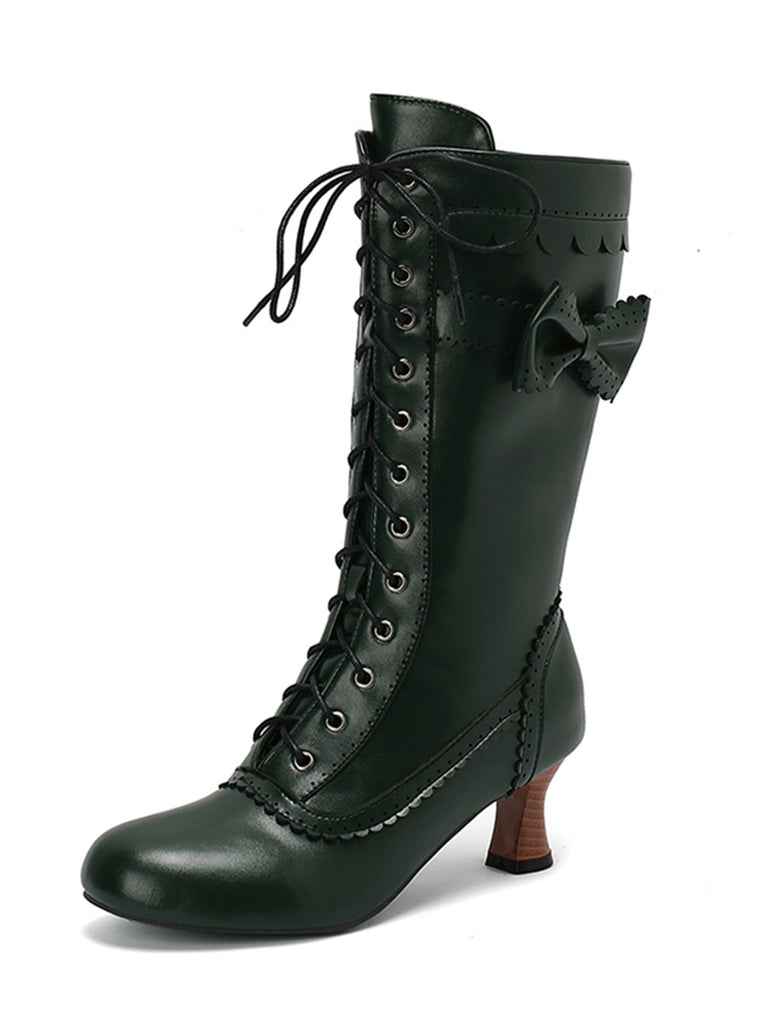 This Leather Bow Lace-Up Calf High Boots whispers vintage secrets to those who notice