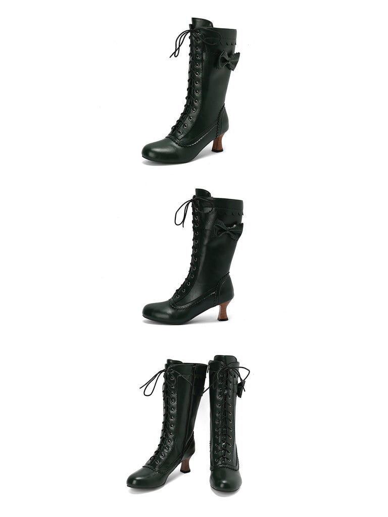 Leather Bow Lace-Up Calf High Boots — vintage style that transcends decades