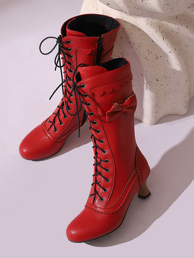 Leather Bow Lace-Up Calf High Boots: timeless vintage elegance she makes her own