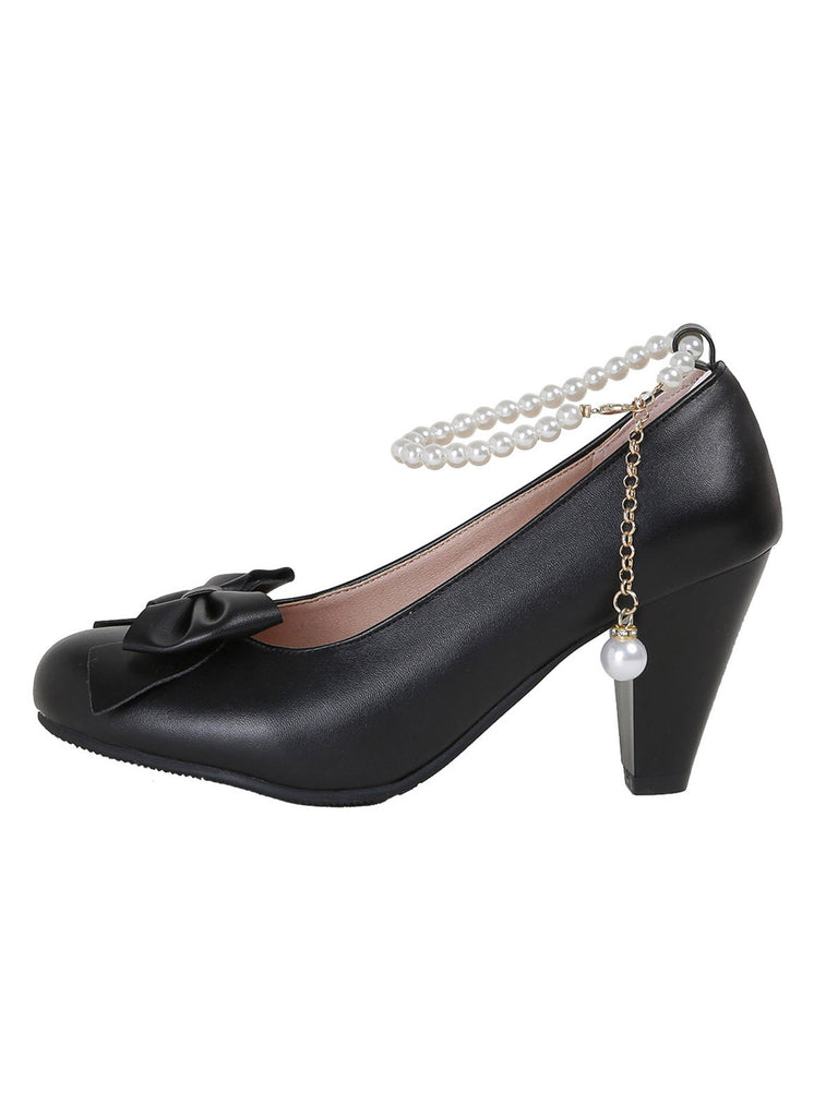 She finds her vintage story in this Leather Bowknot Ankle Strap Chunky Heels