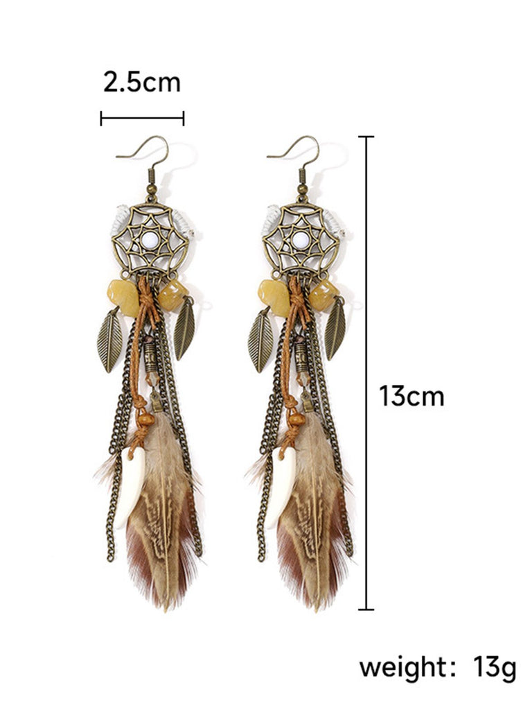 Leather Choker & Feather Dreamcatcher Tassel Earrings Set - vintage fashion, retro style
