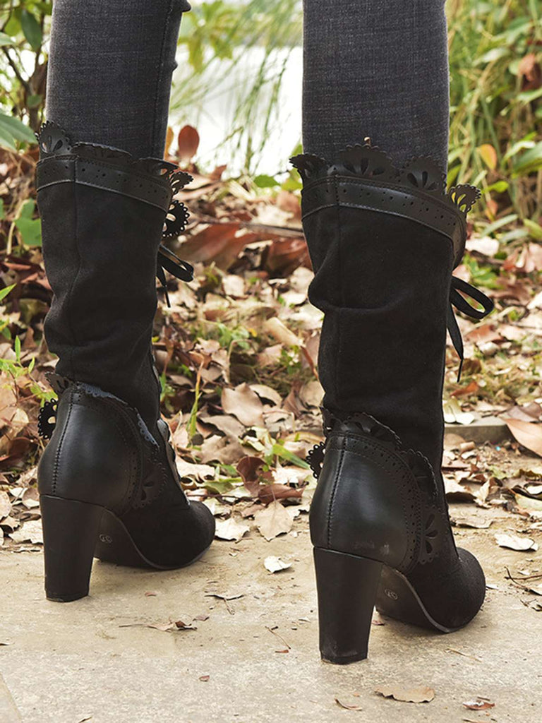 She finds her vintage story in this Leather Petal Edge Lace-Up Mid-Calf Boots