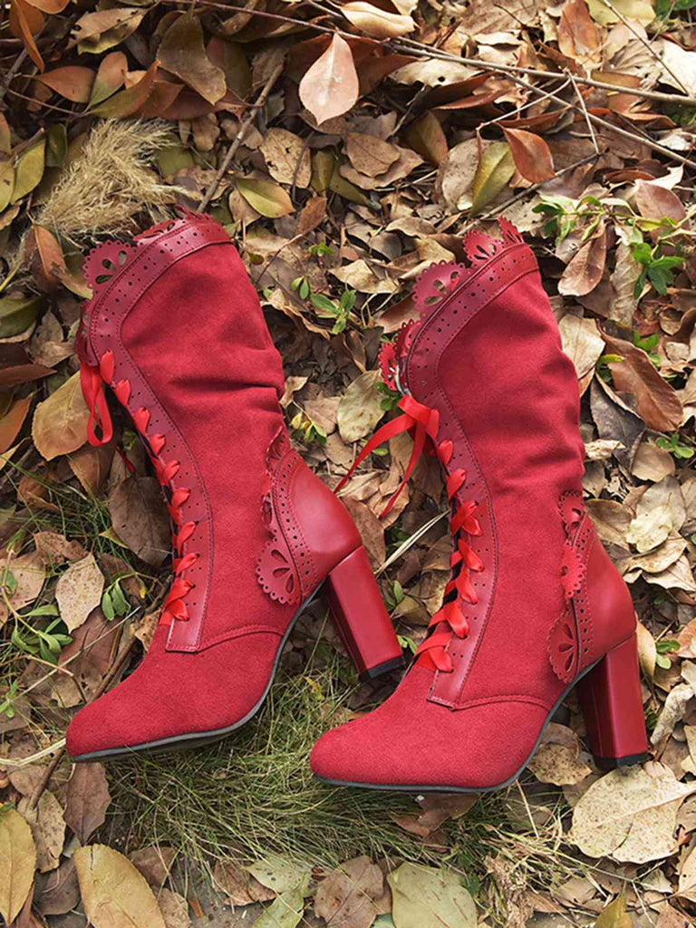 This Leather Petal Edge Lace-Up Mid-Calf Boots whispers vintage secrets to those who notice