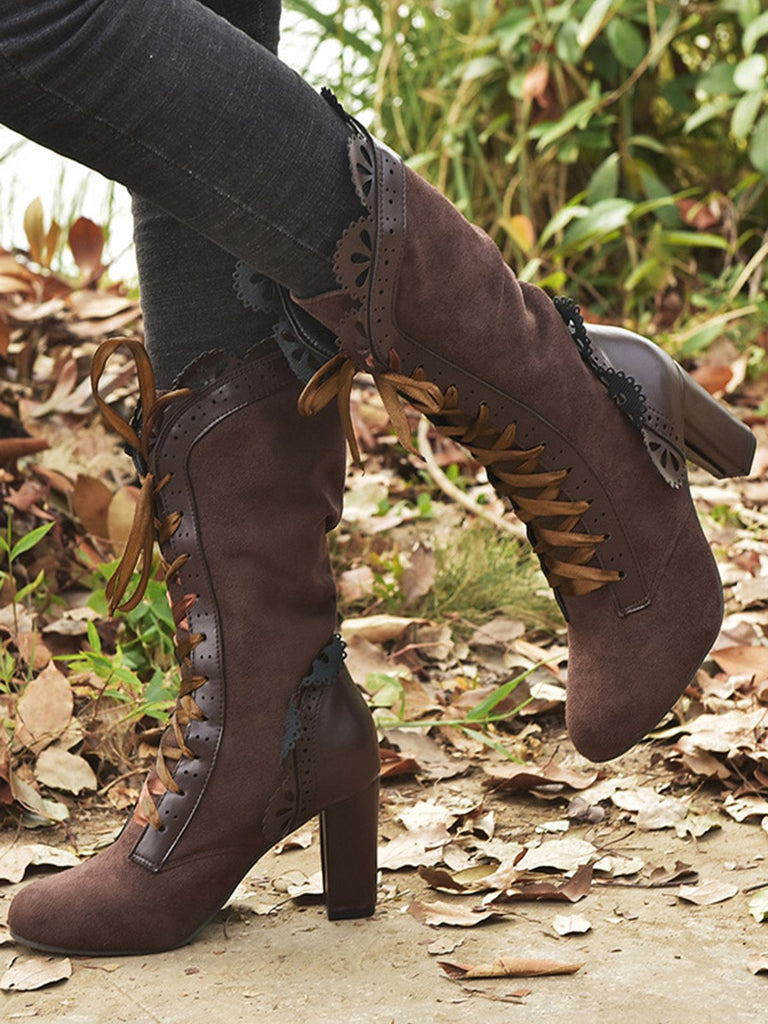 Leather Petal Edge Lace-Up Mid-Calf Boots: timeless vintage elegance she makes her own