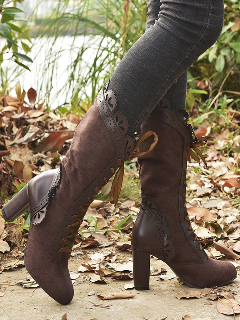 This Leather Petal Edge Lace-Up Mid-Calf Boots whispers vintage secrets to those who notice