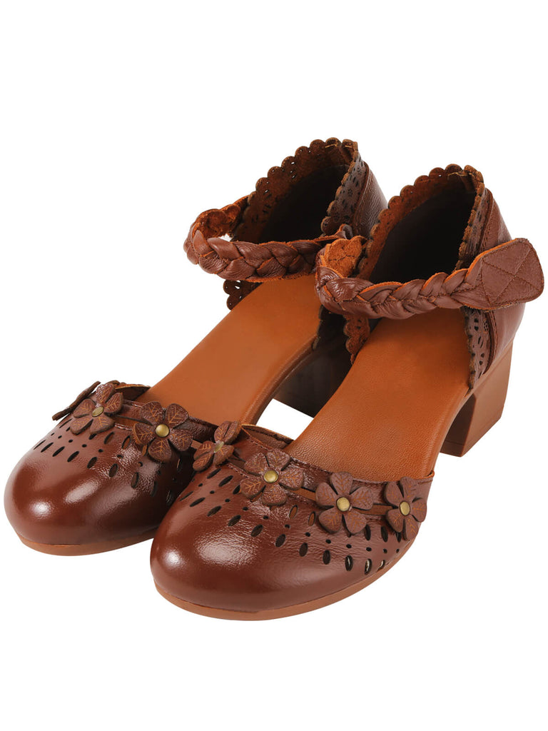 Leather Vintage Hollow-out High Heeled Sandals, vintage shoes, retro heels - perfect for women who love vintage and retro fashion