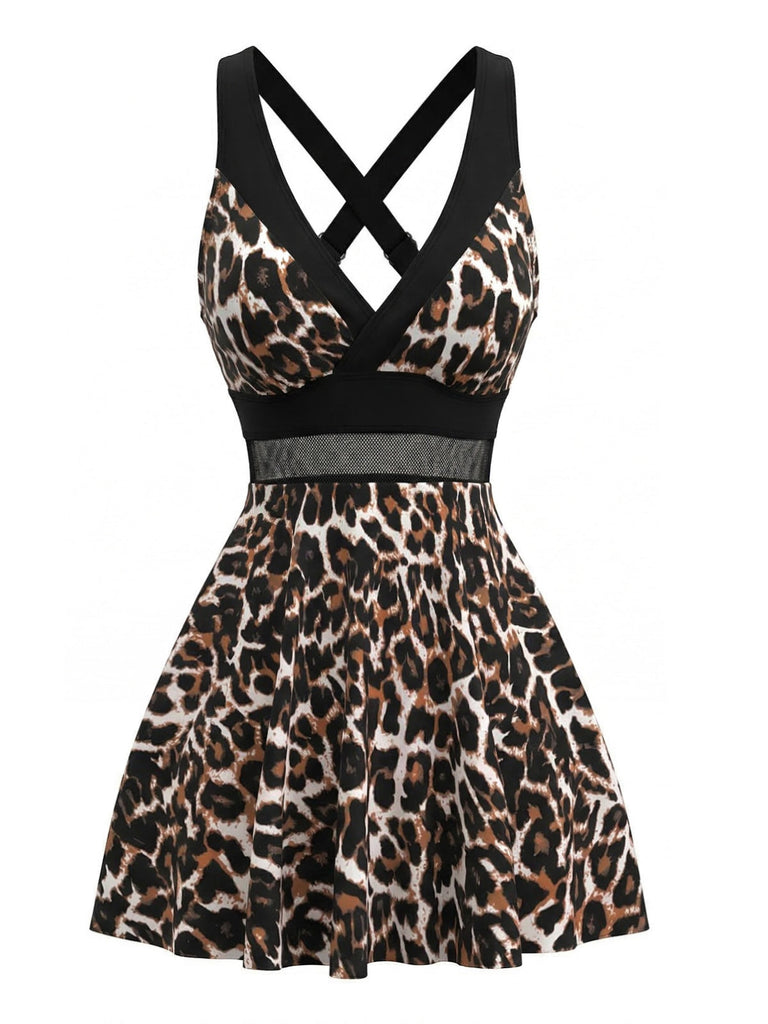 Leopard 1970s Crisscross Strap V-Neck Mesh One-Piece Swimdress - vintage dress, retro fashion for vintage lovers
