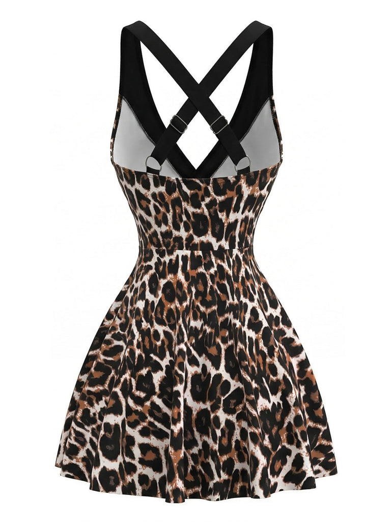 Leopard 1970s Crisscross Strap V-Neck Mesh One-Piece Swimdress - vintage dress, retro fashion for vintage lovers