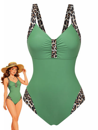 Leopard print one-piece swimsuit front view displaying bold animal pattern perfect for beach vacation and poolside lounging