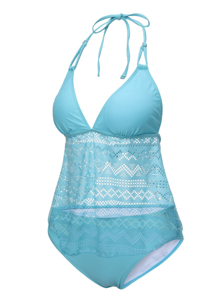 Light Blue 1930s Lace Hollow Halter Swimsuit: 1930s Riviera elegance, reimagined for her