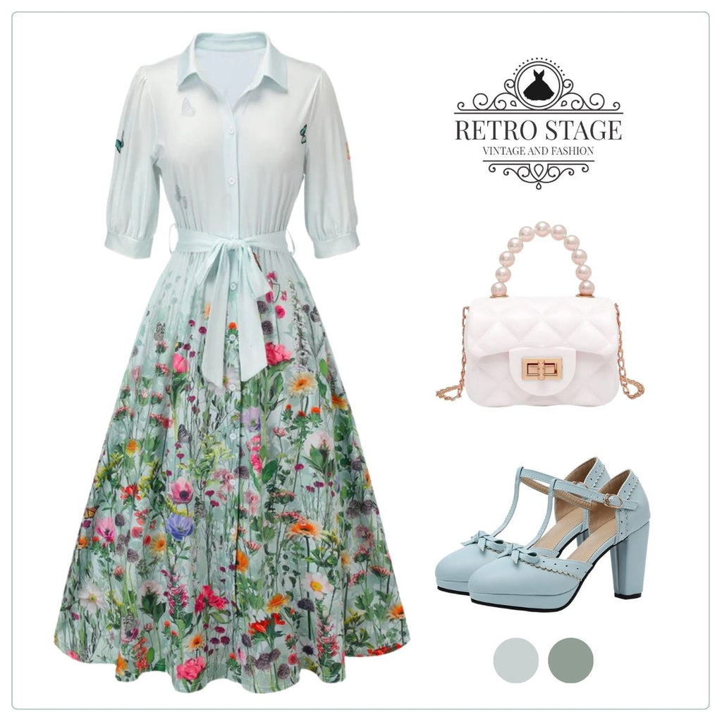 She slips into this Light Blue 1940s Floral Shirt Neck Belt Dress and suddenly it's a 1940s daydream