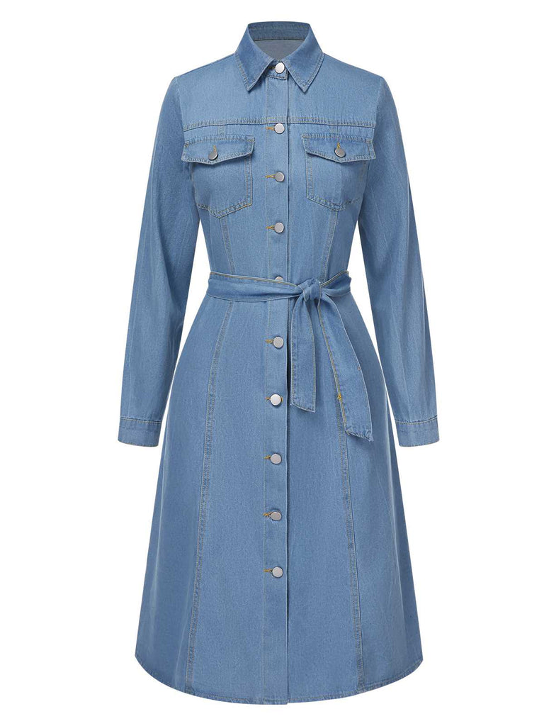 She slips into this Light Blue 1940s Lapel Denim Belted Dress and suddenly it's a 1940s daydream