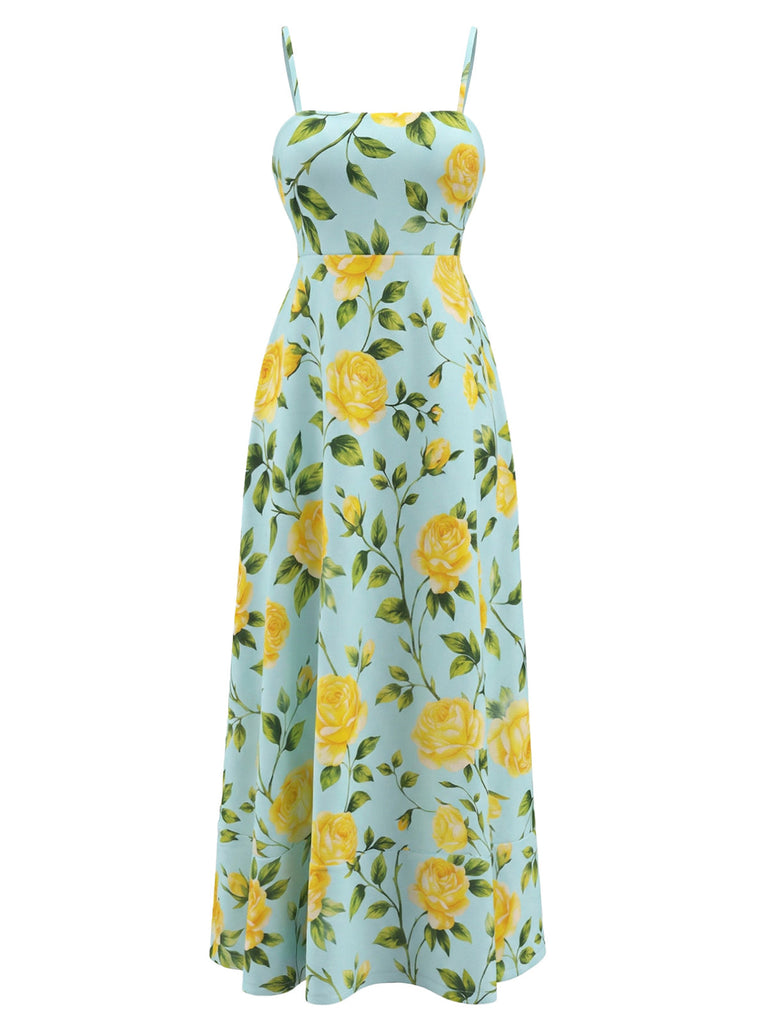 Light Blue 1940s Yellow Rose Floral Spaghetti Strap Midi Dress, vintage dress, retro fashion, floral print - perfect for women who love vintage and retro fashion